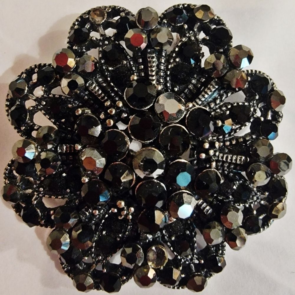 Vintage Black Grey Silver Rhinestone Floral Brooch Pin 2" 1950s